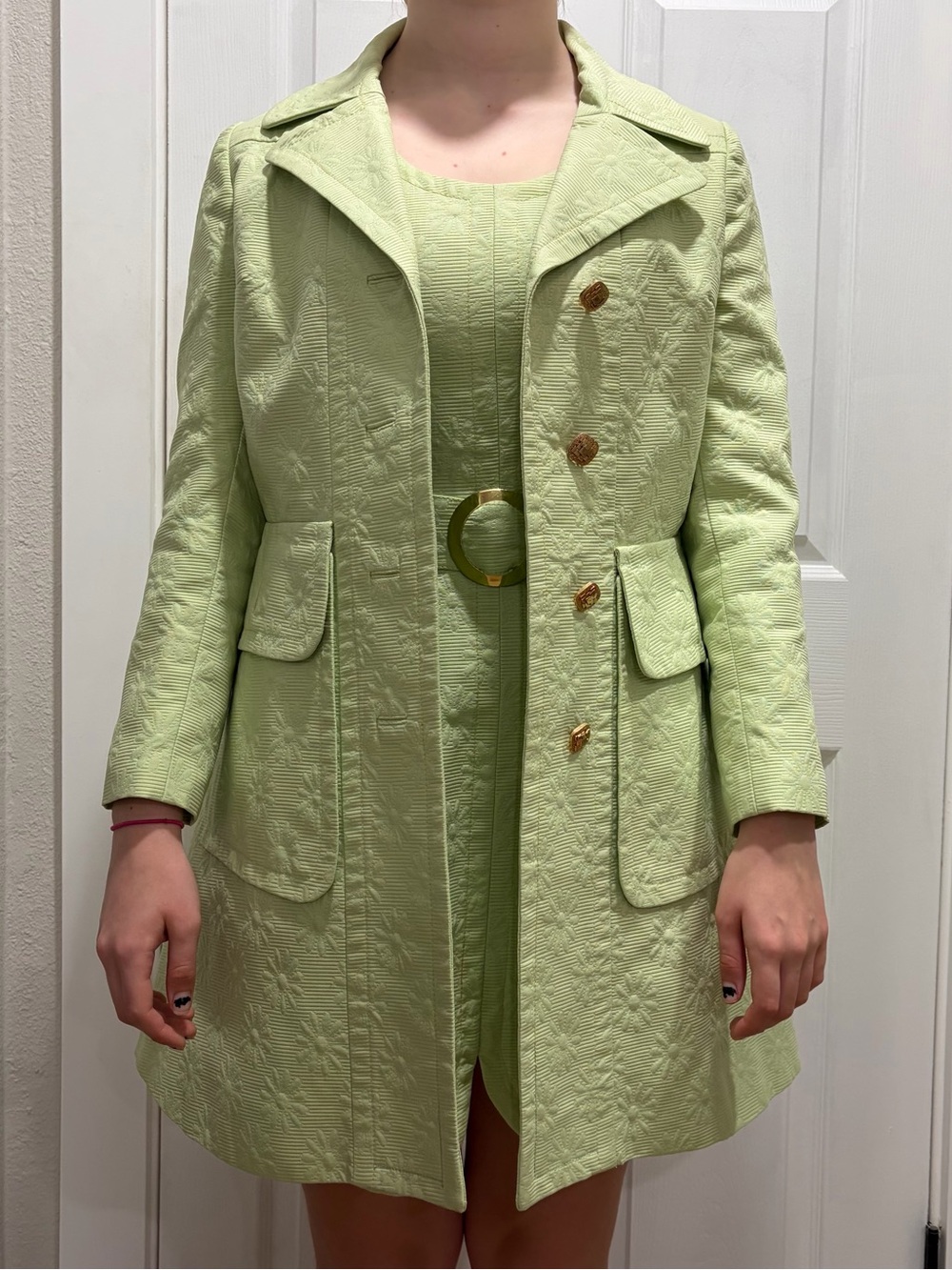 Light Green Textured Women's Coat with Matching Dress and Belt